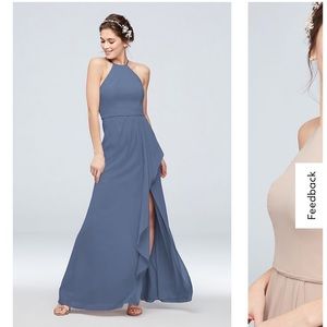 David’s bridal high-neck chiffon bridesmaid dress with cascade in steel blue
